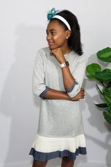 Londyn Tunic Dress in Heather Grey with Contrasting Navy & Off-White Pleats. - Houzz of DVA Boutique