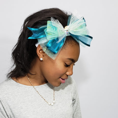 N-Zala Floral Mint & Teal Hair Bow with Sparkly Amber & White Flower Cluster