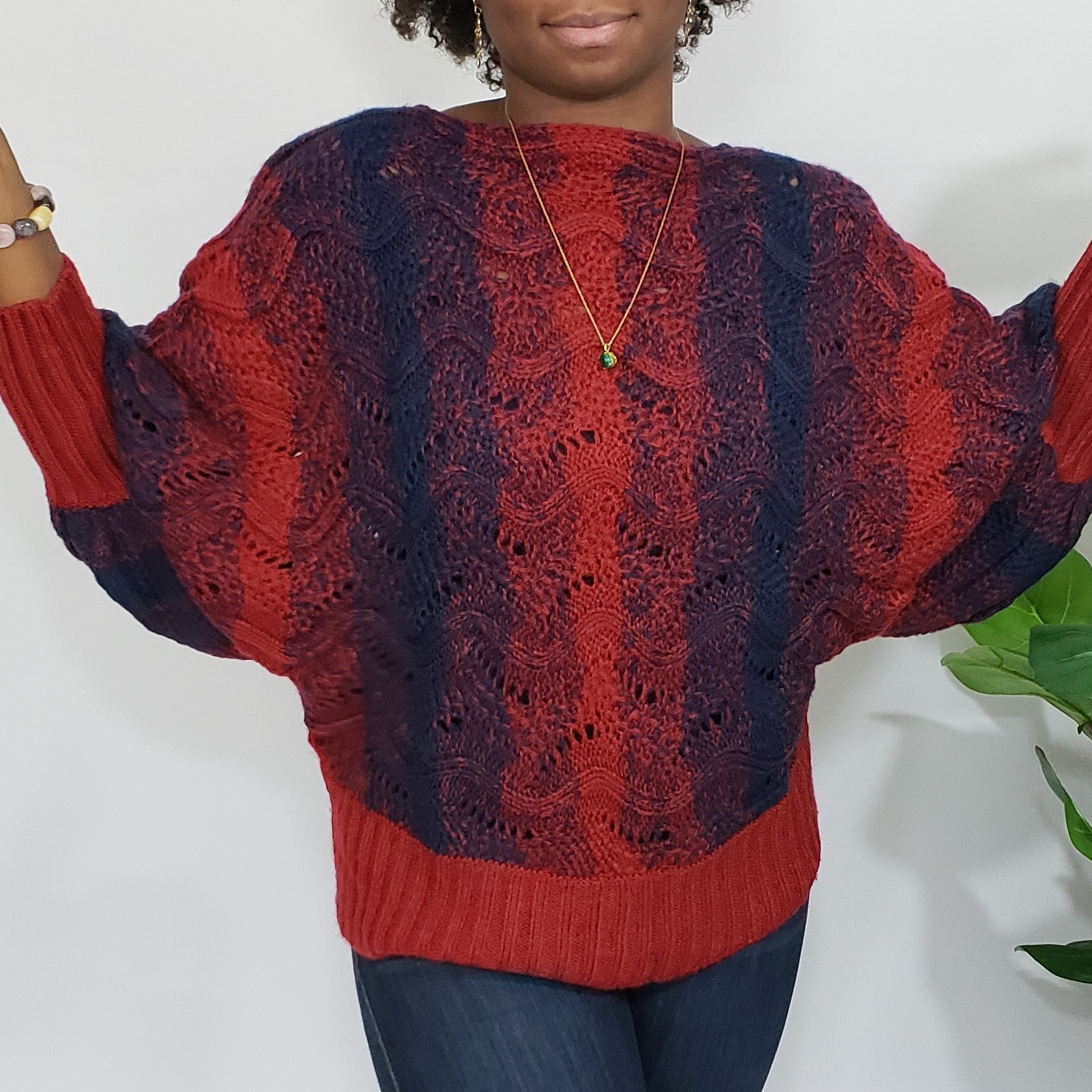 Gabrielle Rich Red & Navy Boatneck Knit Sweater in Plus - Houzz of DVA Boutique