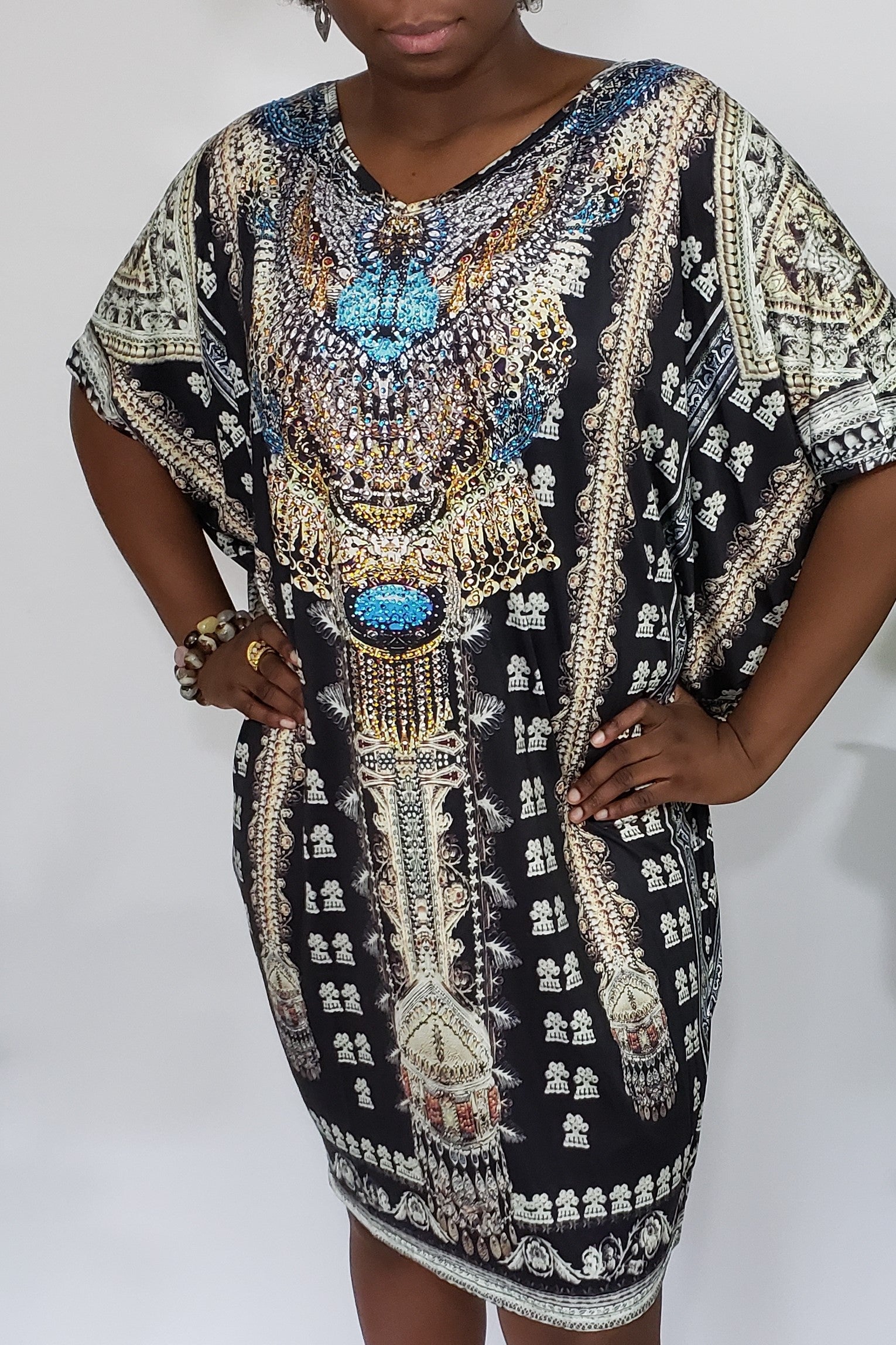 Kristal Exotic Animal Print Embellished Batwing Bohemian Tunic Dress in Midnight Black & Turquoise Multi - Houzz of DVA Boutique