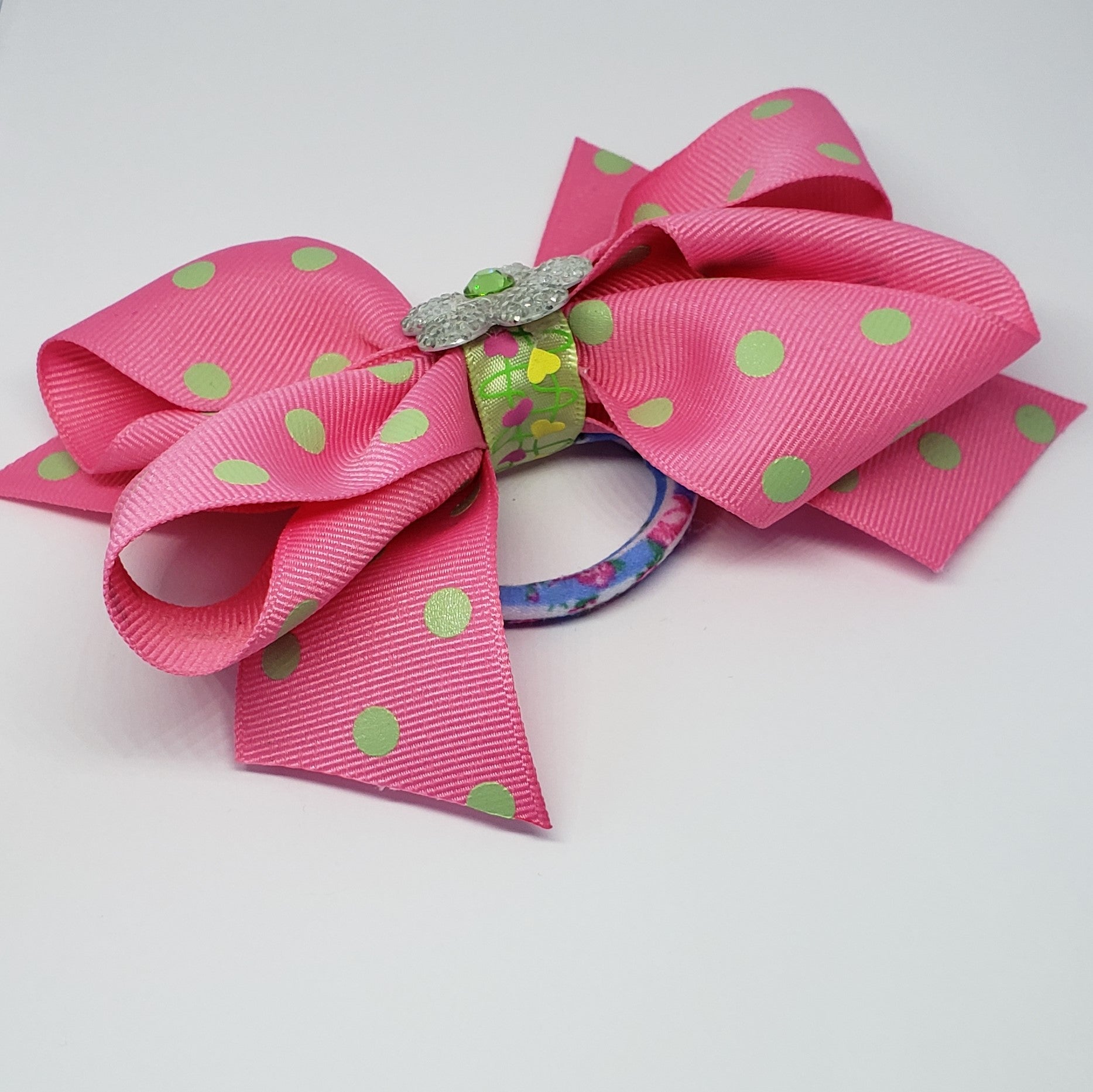 Mila Lime Green Swarovski Pink & Green Polka Dot Bow - Houzz of DVA Boutique