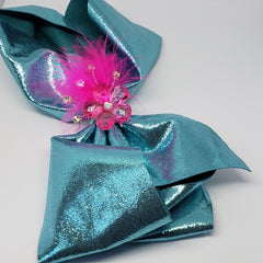 Zyilaya Glitzy Feathers & Flowers Bow in Turquoise & Fuchsia - Houzz of DVA Boutique