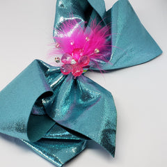 Zyilaya Glitzy Feathers & Flowers Bow in Turquoise & Fuchsia - Houzz of DVA Boutique