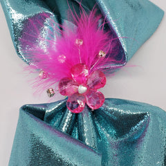 Zyilaya Glitzy Feathers & Flowers Bow in Turquoise & Fuchsia - Houzz of DVA Boutique