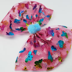 Kaelyn Butterflies & Pompoms Swarovski Fuchsia Multi Bow - Houzz of DVA Boutique