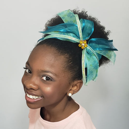 N-Zala Floral Mint & Teal Hair Bow with Sparkly Amber & White Flower Cluster - Houzz of DVA Boutique