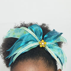 N-Zala Floral Mint & Teal Hair Bow with Sparkly Amber & White Flower Cluster - Houzz of DVA Boutique