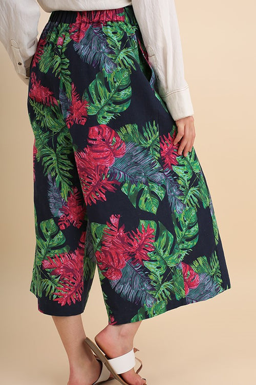 Jean Tropical Palm-Leaf Print High Waist Gaucho Pant in Navy Mix - Houzz of DVA Boutique