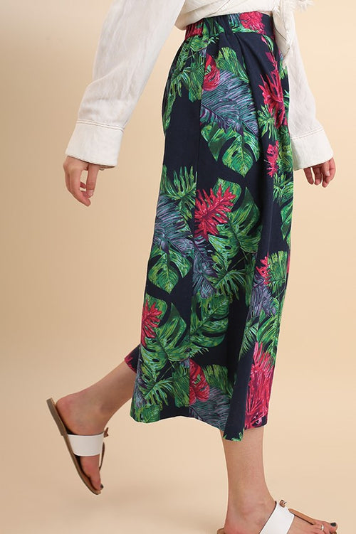 Jean Tropical Palm-Leaf Print High Waist Gaucho Pant in Navy Mix - Houzz of DVA Boutique