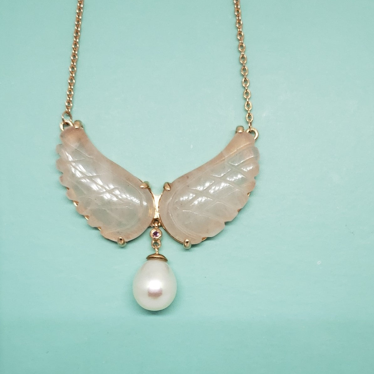 Angel Wings Galilea Rose Quartz, Freshwater Pearl, Orissa Rhodolite Garnet 14K RG Over Sterling Silver Drop Necklace (18 in) TGW 22.58 cts. - Houzz of DVA Boutique