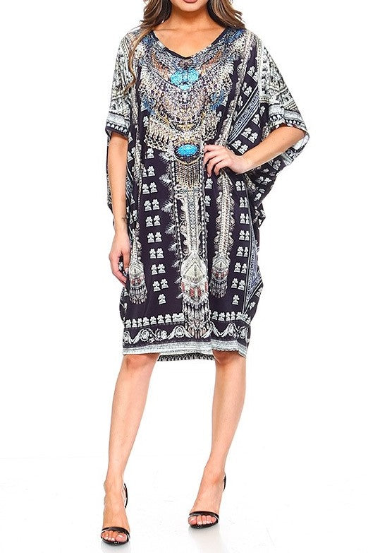 Kristal Exotic Animal Print Embellished Batwing Bohemian Tunic Dress in Midnight Black & Turquoise Multi - Houzz of DVA Boutique