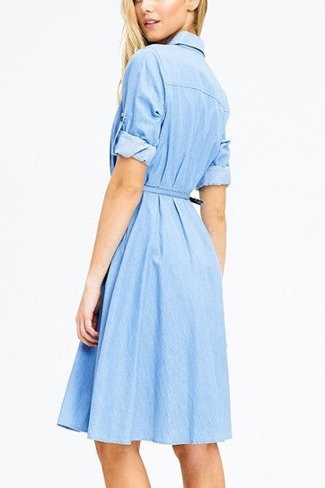 Patricia-Z Light Blue Chambray Belted ¾ Sleeve Midi Swing Shirt Dress - Houzz of DVA Boutique
