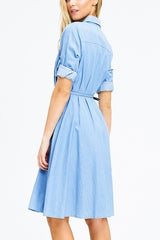 Patricia-Z Light Blue Chambray Belted ¾ Sleeve Midi Swing Shirt Dress - Houzz of DVA Boutique