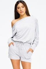 Hello Gorgeous Off the Shoulder Romper with Gold Zipper Details in Heather Gray - Houzz of DVA Boutique