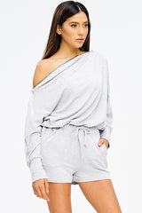 Hello Gorgeous Off the Shoulder Romper with Gold Zipper Details in Heather Gray - Houzz of DVA Boutique