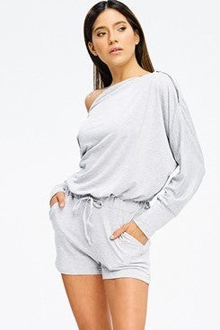 Hello Gorgeous Off the Shoulder Romper with Gold Zipper Details in Heather Gray - Houzz of DVA Boutique