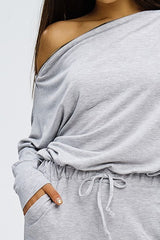 Hello Gorgeous Off the Shoulder Romper with Gold Zipper Details in Heather Gray - Houzz of DVA Boutique