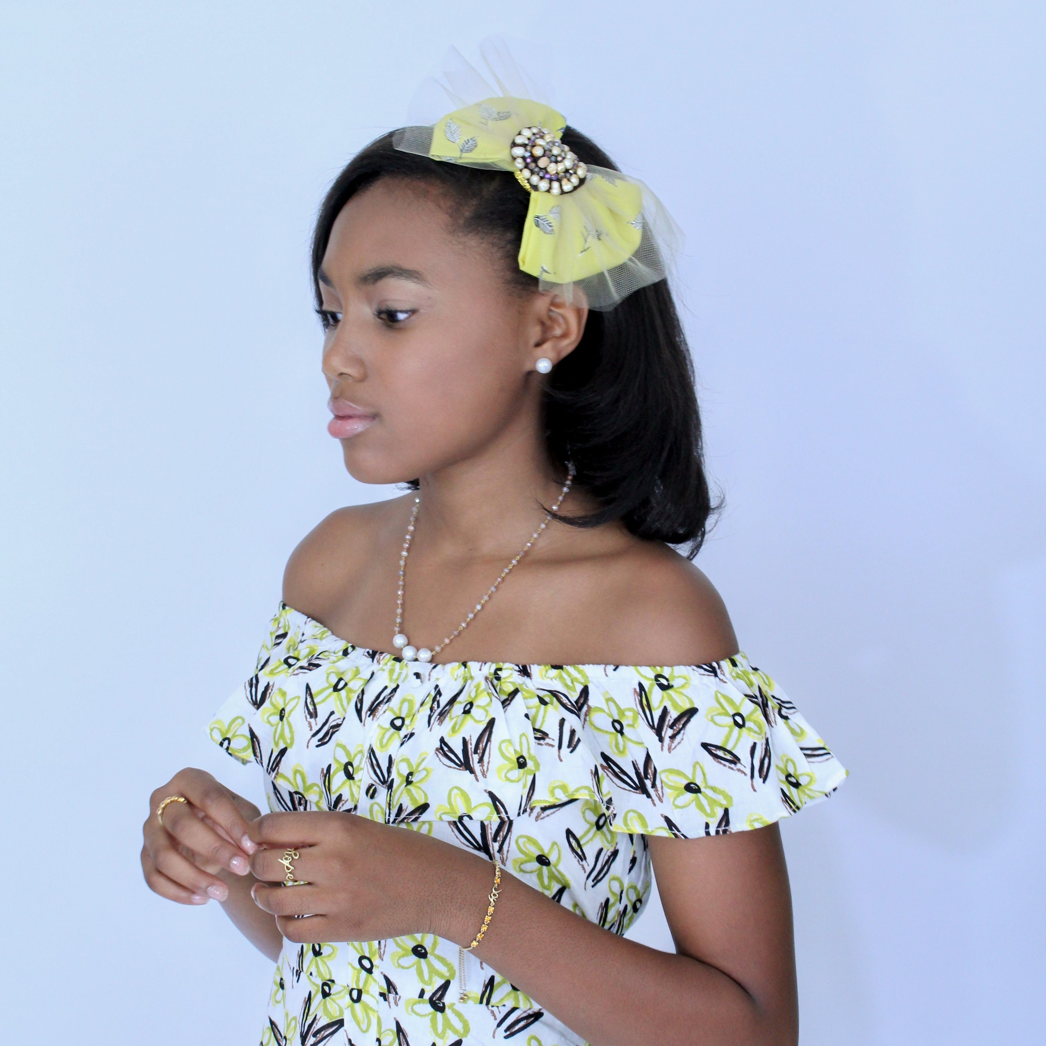 Meaghan Golden Freshwater Pearls Glass Beads & Tulle Headband in Black and Lemon. - Houzz of DVA Boutique