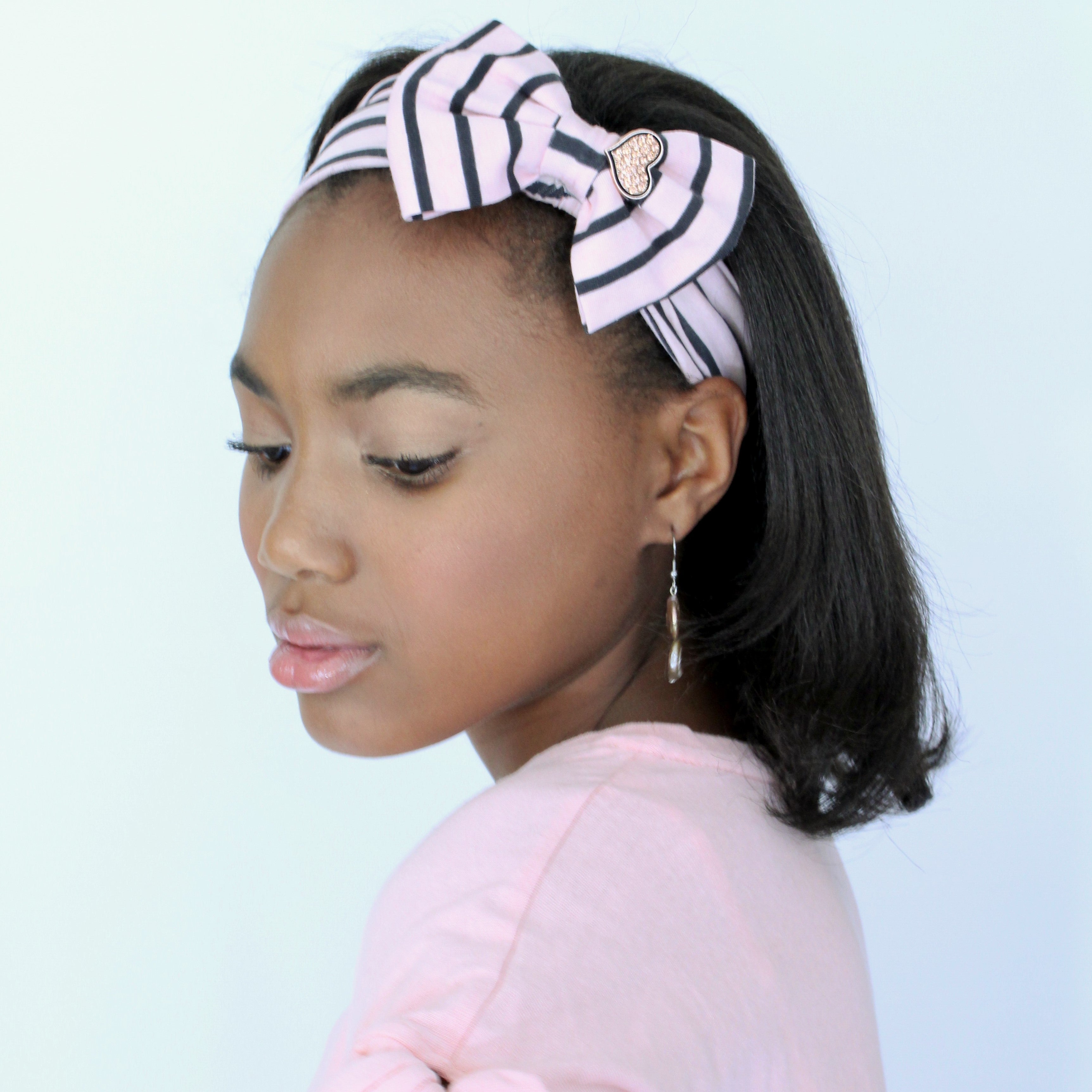 Taylor Pink & Black Stripe Rose Gold Heart Stretch Headband - Houzz of DVA Boutique