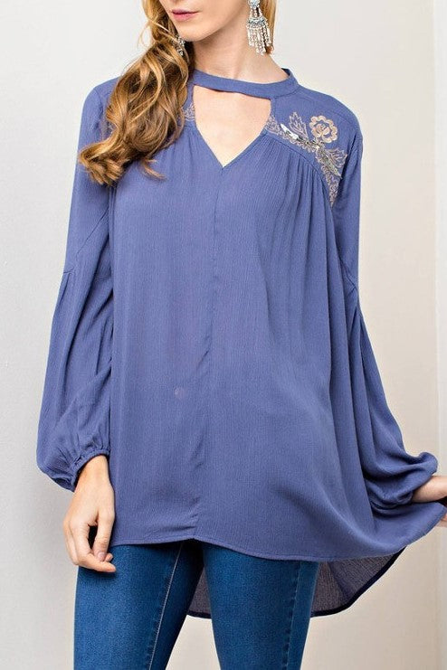 Lauren Choker-Neck Beaded Embroidered Swing Blouse in Slate Blue - Houzz of DVA Boutique