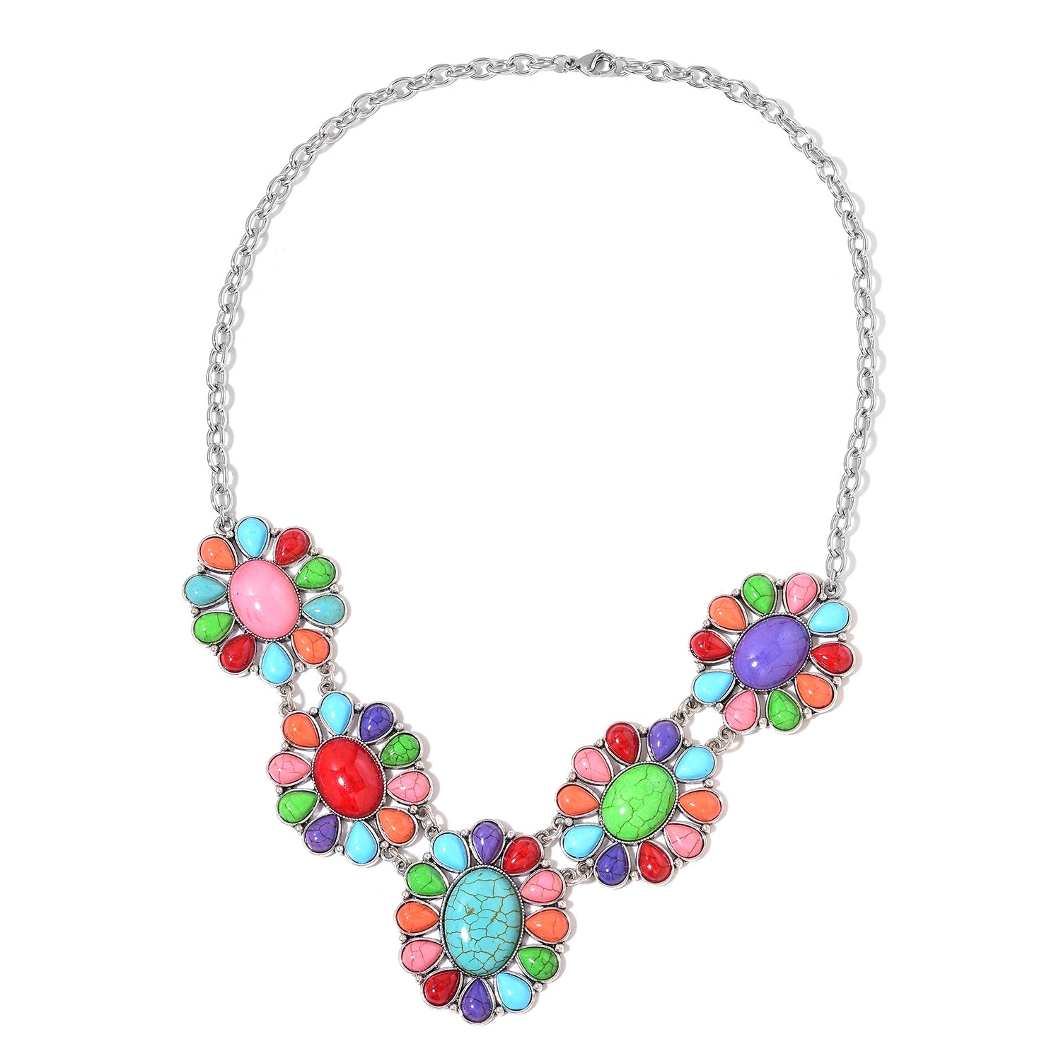 Multi-Color Garland of Daisy Flowers Howlite Stainless-Steel Earrings and Bib Style Necklace TGW 264.00 cts - Houzz of DVA Boutique