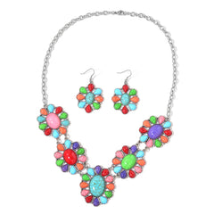 Multi-Color Garland of Daisy Flowers Howlite Stainless-Steel Earrings and Bib Style Necklace TGW 264.00 cts - Houzz of DVA Boutique