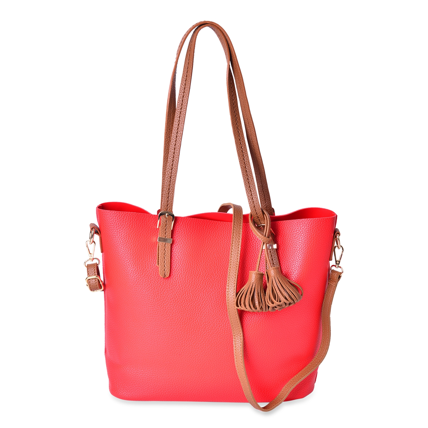 Miss-Dawn Red Vegan Leather Tote Bag with Removable Strap and Matching Pouch. - Houzz of DVA Boutique