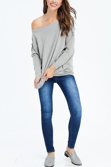 Alice Dreamer Light Grey Lace Up Off-the Shoulder Dolman Long Sleeve Sweater - Houzz of DVA Boutique