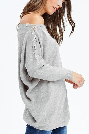 Alice Dreamer Light Grey Lace Up Off-the Shoulder Dolman Long Sleeve Sweater - Houzz of DVA Boutique