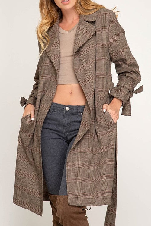 Hayden Mad for Plaid Glen Print Trench in Mocha - Houzz of DVA Boutique