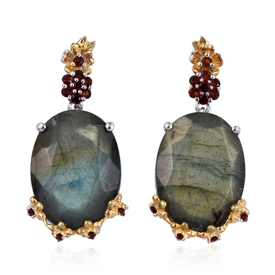 Malagasy Labradorite, Mozambique Garnet 14K YG and Platinum Over Sterling Silver Dangle Earrings TGW 8.925 cts. - Houzz of DVA Boutique